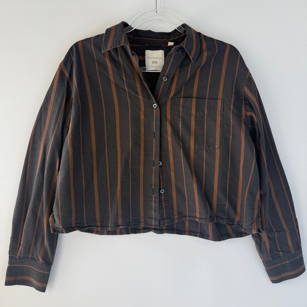 Uniqlo x JW Anderson Boxy Cropped oxford Shirt Women M Grey Striped Raw Hem